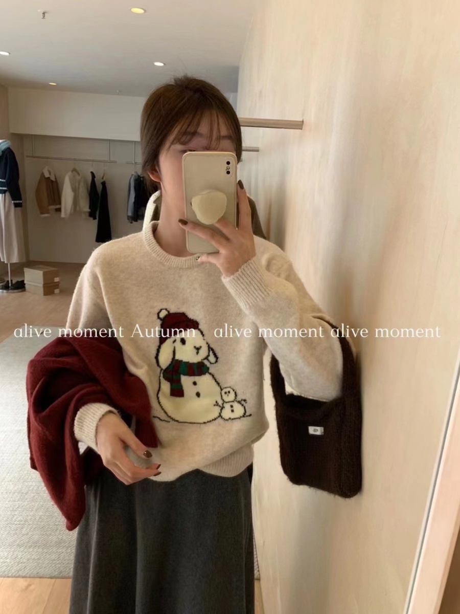 UL韓系聖誕雪人氛圍感浣熊絨毛衣女冬季慵懶風寬鬆加厚軟糯針織衫