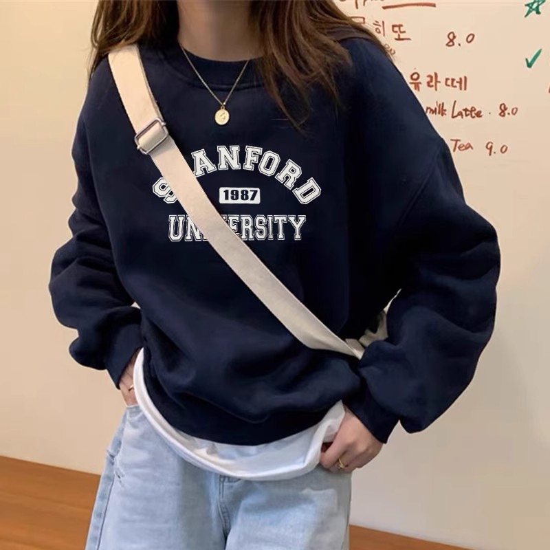 Autumn and winter new navy blue pullover sweatshirt for women Korean style letter round neck design age-reducing student top