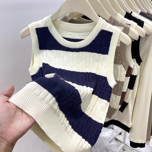 Contrast color stripe pit strip sleeveless knitted vest for women autumn and winter new style suit with waistcoat and outer top trendy