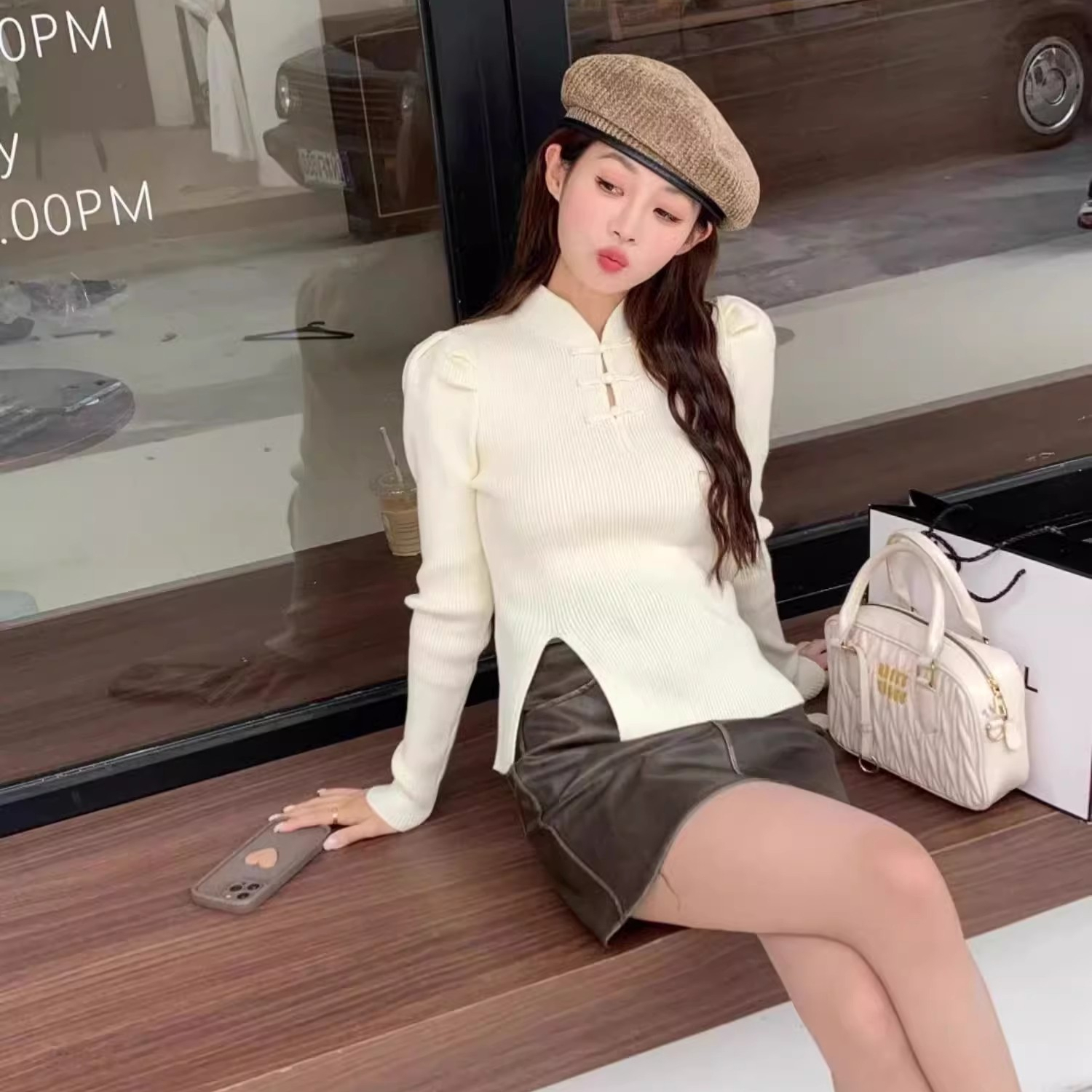 新中式國風盤扣泡泡袖毛針織打底衫女內搭修身洋氣設計感上衣秋冬