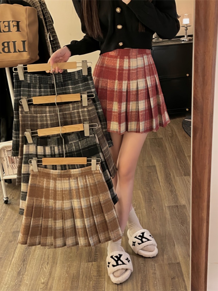 加厚格子毛呢半身裙女秋冬新款高腰顯瘦百褶裙小個子A字短裙