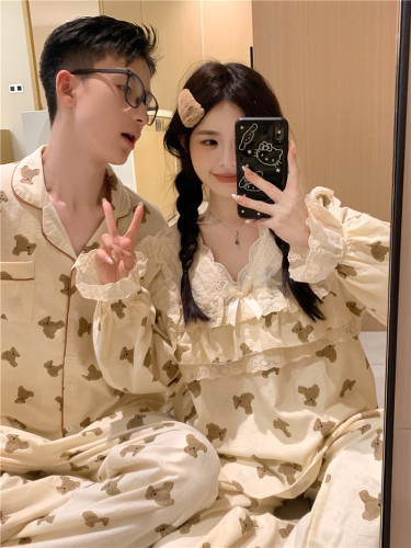 Real shot of Korean style cotton brushed cartoon couple loose casual spring and autumn sweet lace home wear set