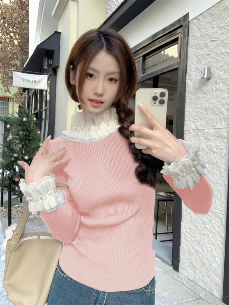法式釘珠立領針織衫女裝秋冬新款高級感修身顯瘦內搭打底毛衣