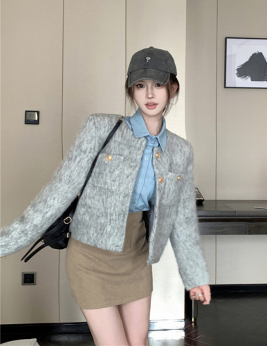 Real shot of Xiaoxiang style gray quilted woolen jacket + washed denim shirt + waist slimming trouser skirt for women