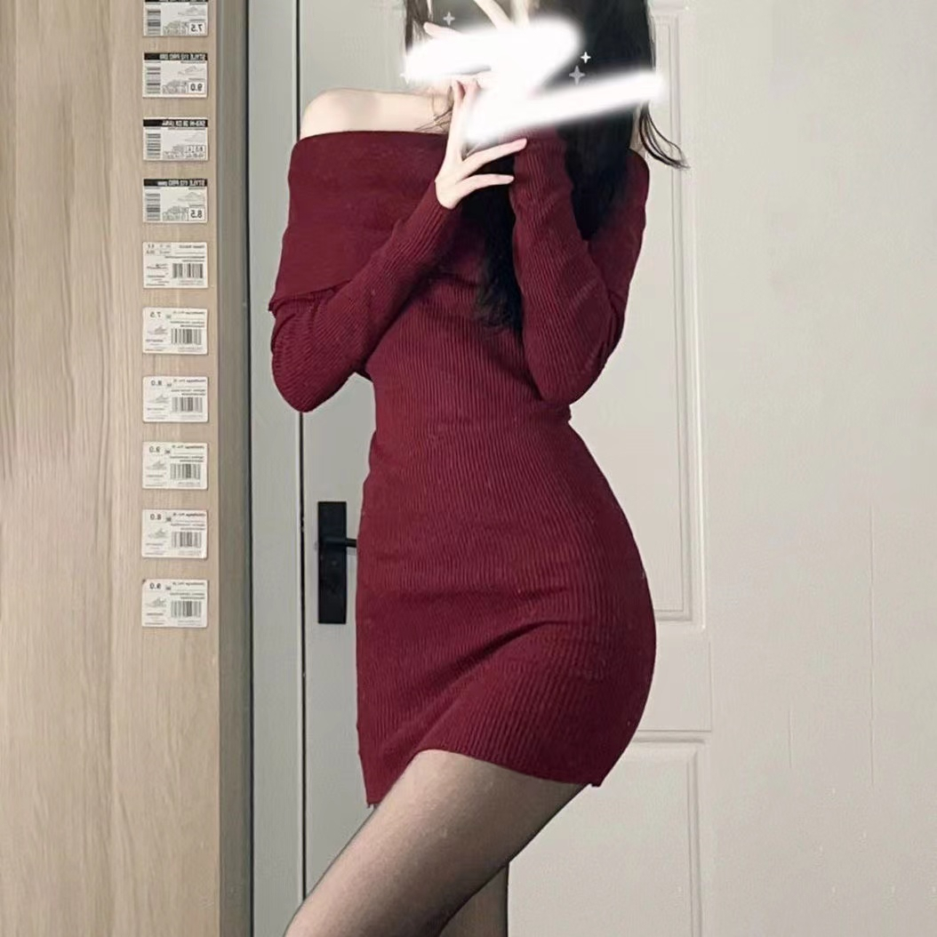 Original size retro hottie red dress women's autumn and winter new slim one-shoulder bottoming hip skirt