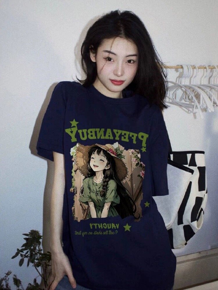 高品質純棉草帽女孩印花休閒百搭寬鬆潮流時尚短袖T恤女