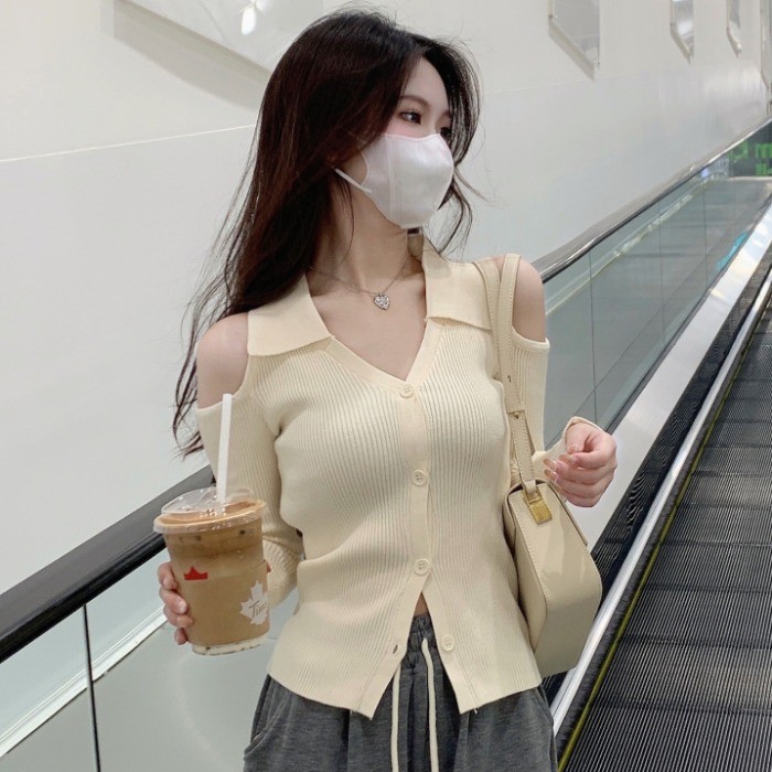 純欲風設計感上衣外套辣妹修身露肩長袖針織衫奶系穿搭早秋毛衣女