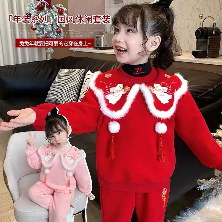 Girls New Year's Eve Tang suit plus velvet suit Autumn and winter Western-style small and medium-sized children's clothing Chinese style New Year's greetings two-piece set