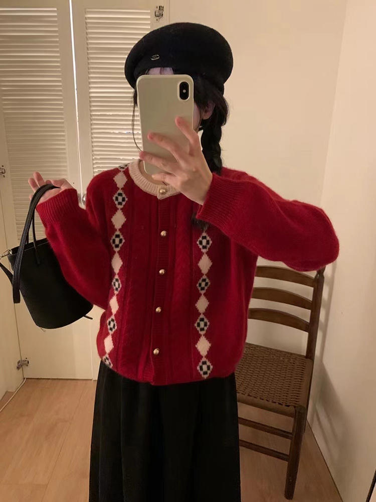 法式風菱格提花針織開衫女秋季新款小個子圓領上衣冬氣質毛衣