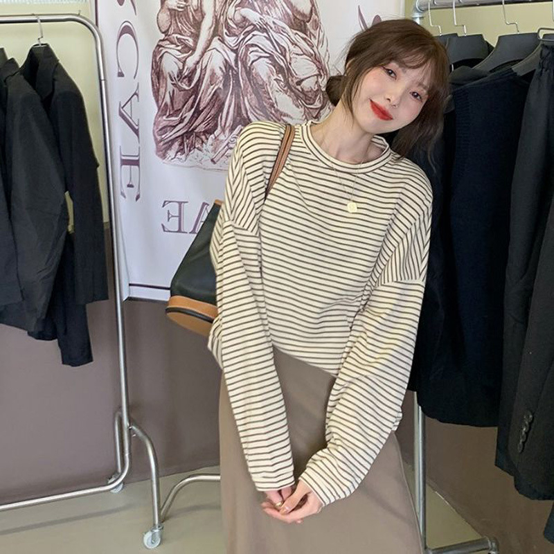 Milk Silk Striped Autumn Women's Thin Loose Round Neck Long Sleeve T-Shirt