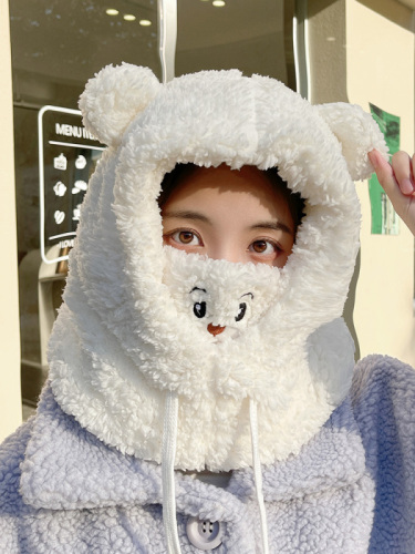 Bear hat for cycling, warm and cute, windproof and cold-proof scarf, one-piece hood, neck scarf, electric bike hat, winter