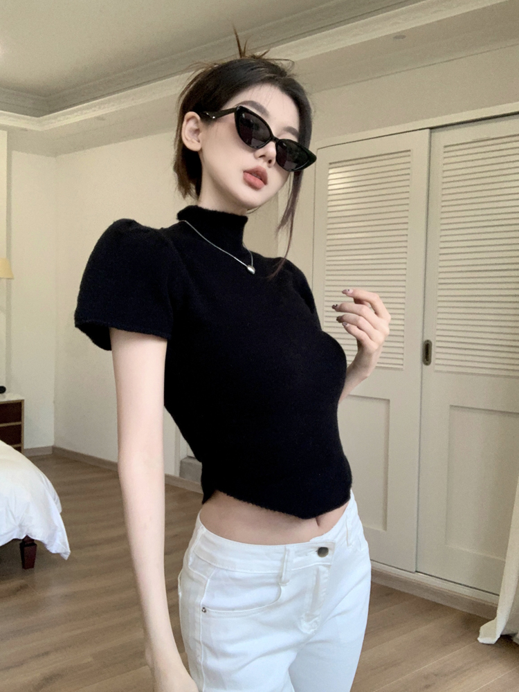 Summer new fashionable half turtleneck short-sleeved sweater for small hot girls sexy slim short tops niche