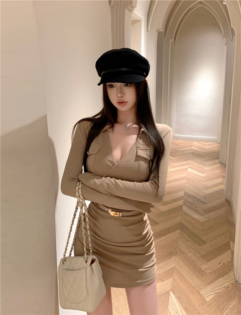 實拍~韓系純欲性感v領雙口袋褶皺顯身材百搭包臀連衣裙+腰帶