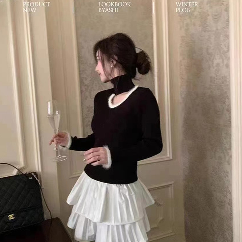 灰色鏤空毛毛高領針織衫女春秋季收腰內搭毛衣長袖氣質打底衫上衣