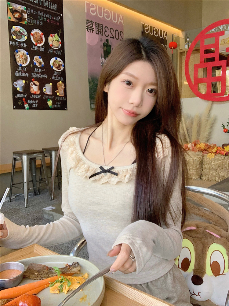 Real shot~Apricot velvet sweet slim fit lace round neck sweater comfortable top for women