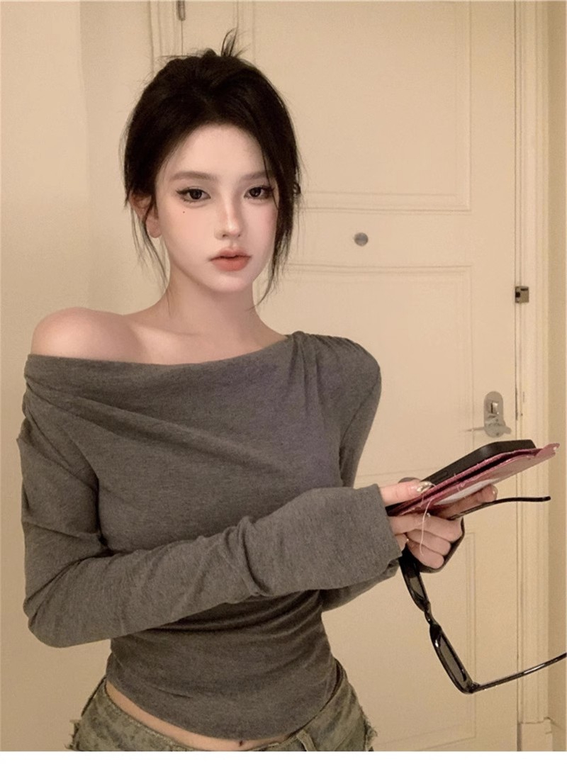 Hot girl one-shoulder long-sleeved T-shirt women's spring slim-fit collarbone irregular design niche short top