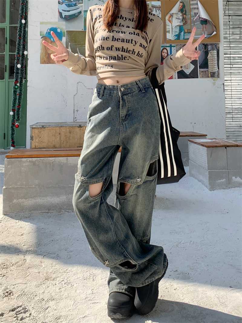 實拍！！街頭高腰牛仔褲女百搭直筒長褲小眾設計感鏤空闊腿褲