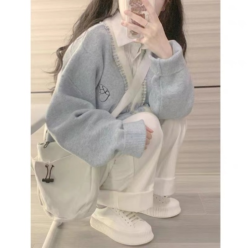 Korean retro V-neck cardigan sweater women's coat women's spring and autumn lazy style design niche soft waxy knitted top
