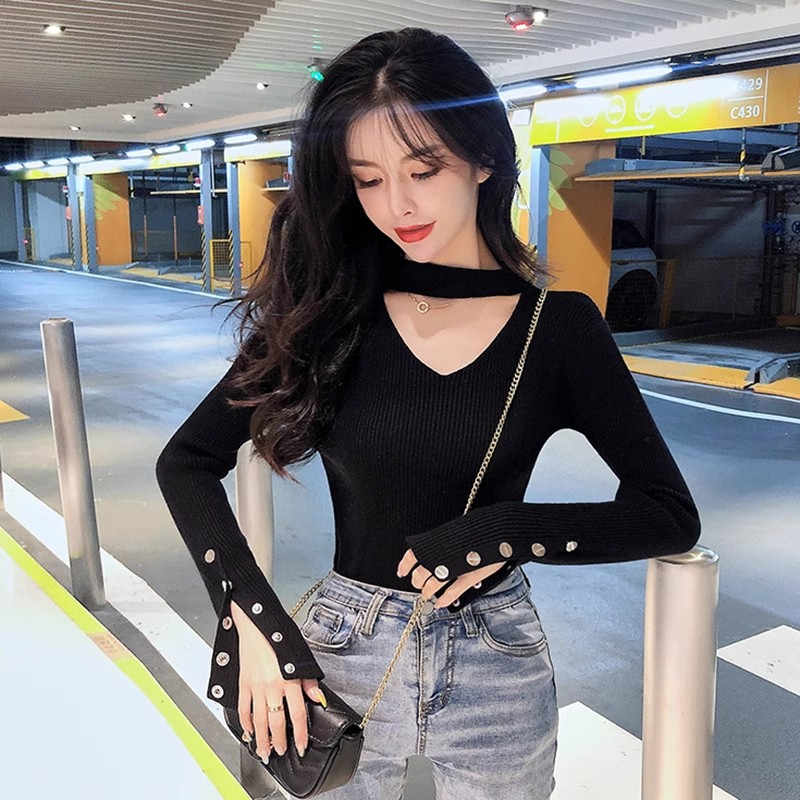 黑色打底衫女裝冬裝新款秋冬洋氣心機鏤空內搭女士長袖毛衣潮