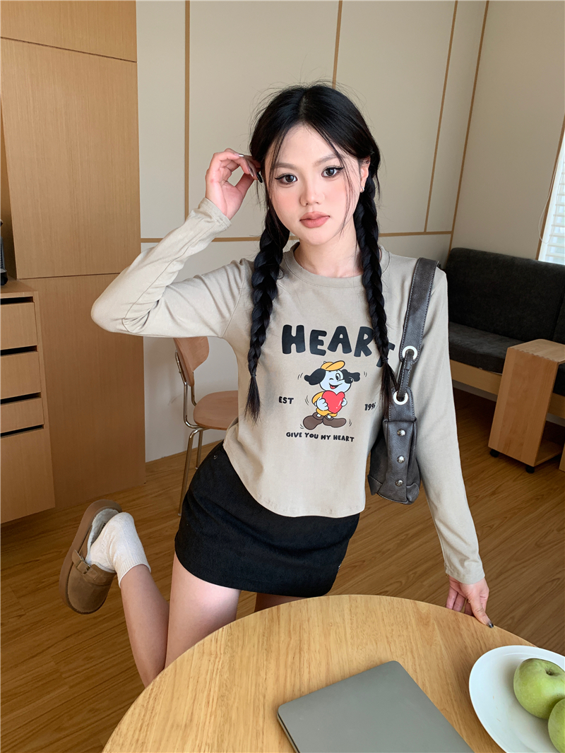 Real shot round neck cartoon print versatile T-shirt short bottoming shirt top