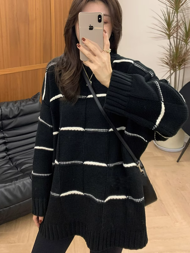 圓領條紋長袖針織衫內搭打底上衣女秋冬季新款中長款套頭毛衣