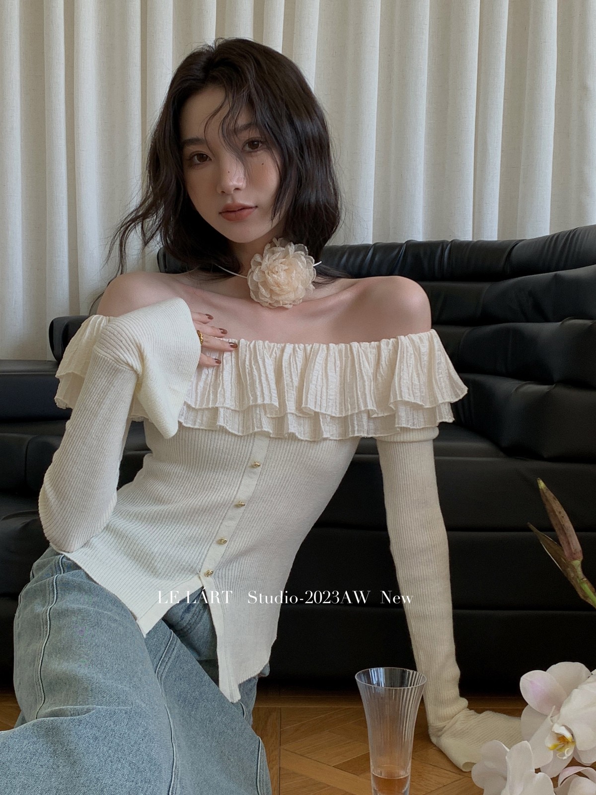 小香風上衣女秋季韓版溫柔慵懶風荷葉領一字肩露肩顯瘦長袖針織衫