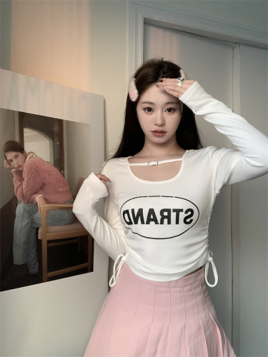 Real-shot letter printed long-sleeved U-neck T-shirt spring and summer new hot girl drawstring pleated slim short bottoming shirt