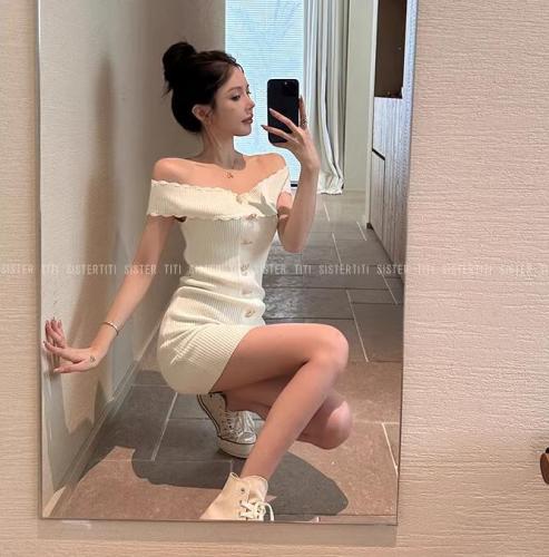 Pure desire apricot one-shoulder dress, ladylike, goddess style, high-end, slim-fitting butt-covering sexy skirt