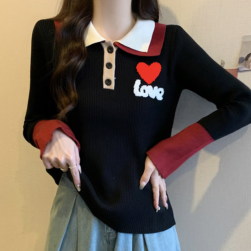 甜美愛心翻領撞色拼接針織衫女秋冬新款時尚休閒寬鬆百搭長袖毛衣