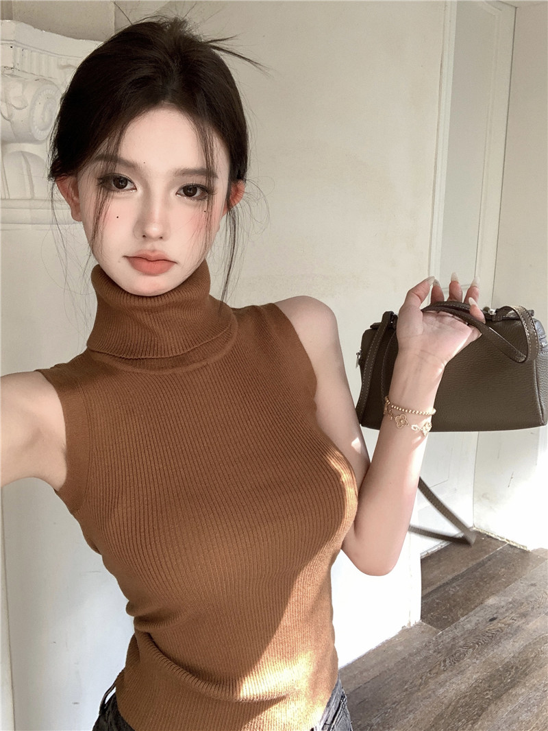 法式高級感咖色半高領無袖針織衫女秋冬毛衣內搭打底緊身辣妹上衣