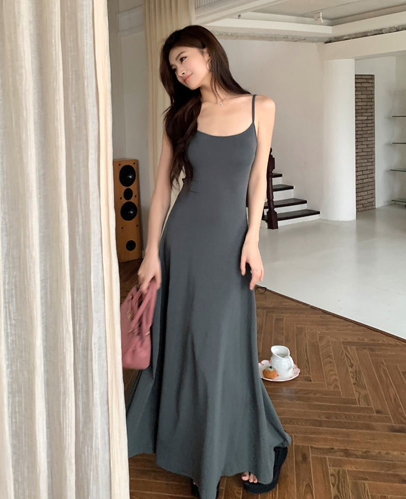 實拍2024夏裝新款舞蹈生黑灰簡約瘦U領長款吊帶連衣裙女