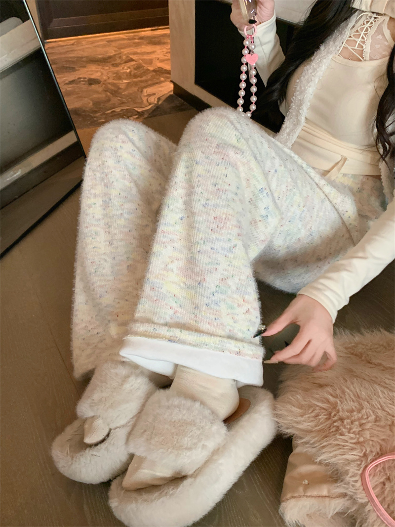 Real shot of velvet and thickened rainbow straight pants for women in autumn and winter, loose wide-leg pants, floor-length trousers