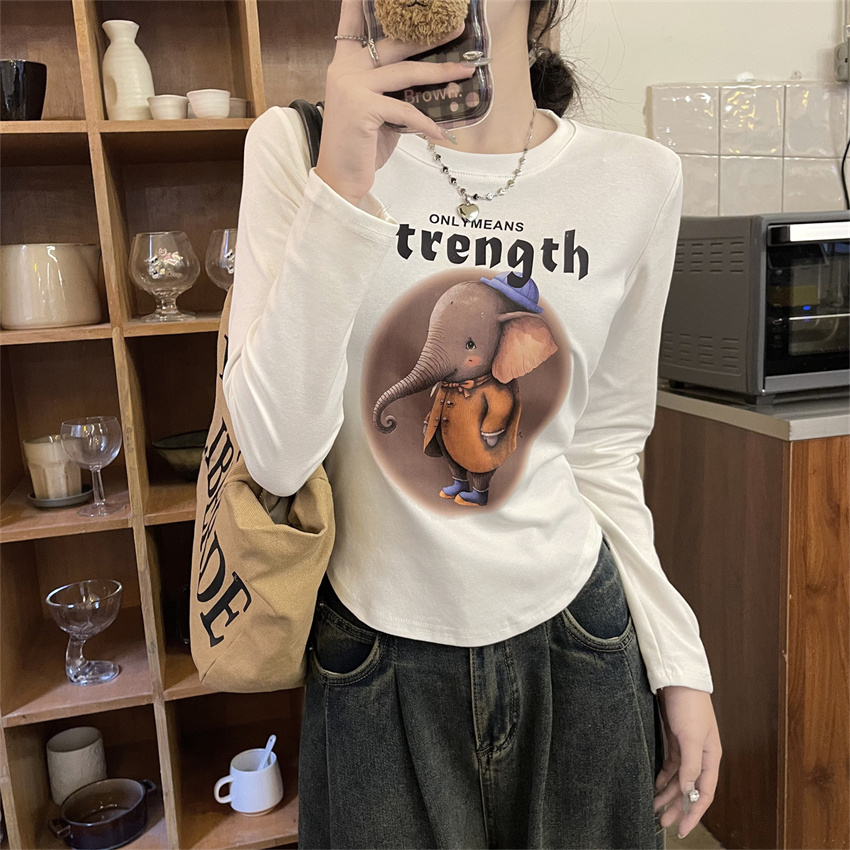 Real shot cartoon print bottoming shirt for women 2024 new spring style foreign style short long-sleeved T-shirt top