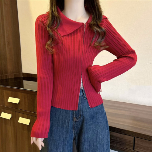 Actual shot~New double-ended zipper slimming pit design cardigan knitted top