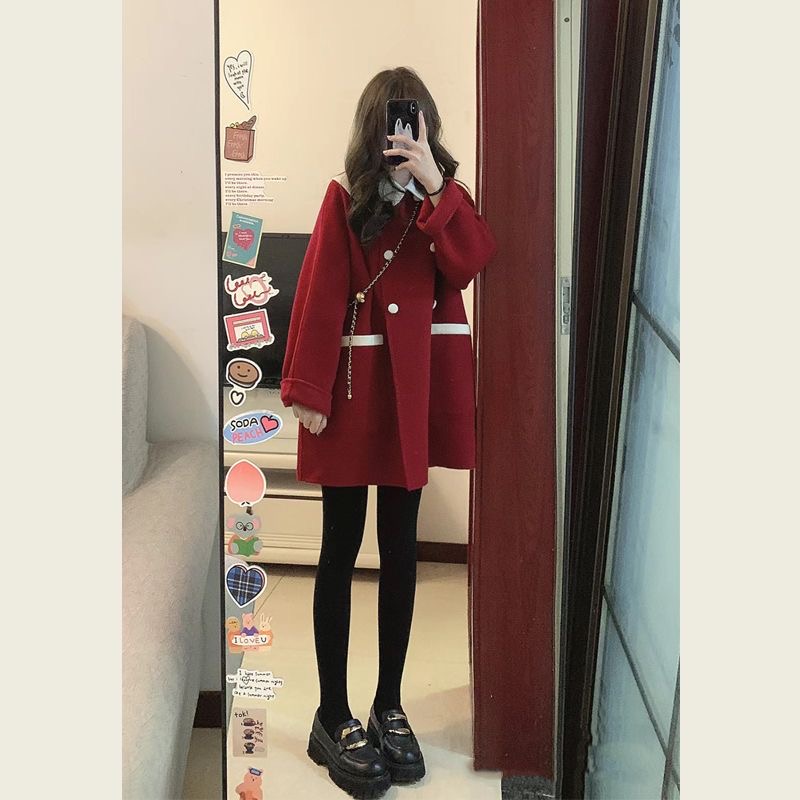 Xiaoxiangfeng 2024 New Year's Jersey Autumn and Winter Red Small Woolen Coat Woolen Jacket Women's Mid-Length