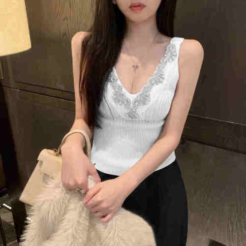 Real shot of Pure Desire Vest Heavy Industry Studded Slim Fit Knitted Camisole Top V-neck Sweater