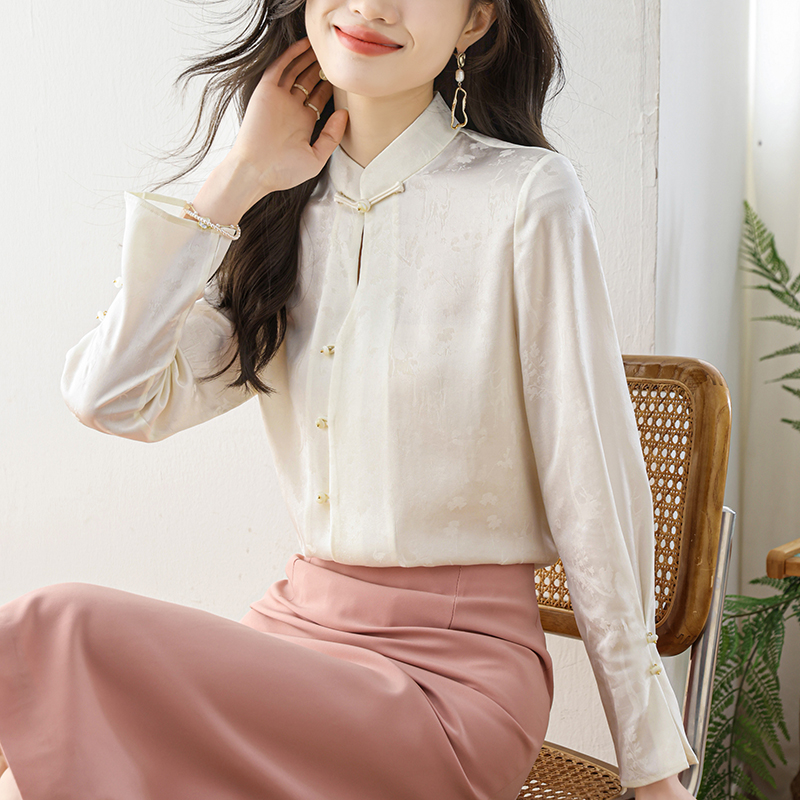實拍◆有◆2024醋酸緞面襯衫女春秋高級感新中式盤扣提花上衣