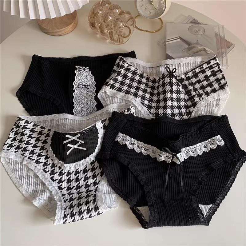 Actual shot~Korean style girl's pure desire black plaid bow comfortable pure cotton mid-waist women's briefs