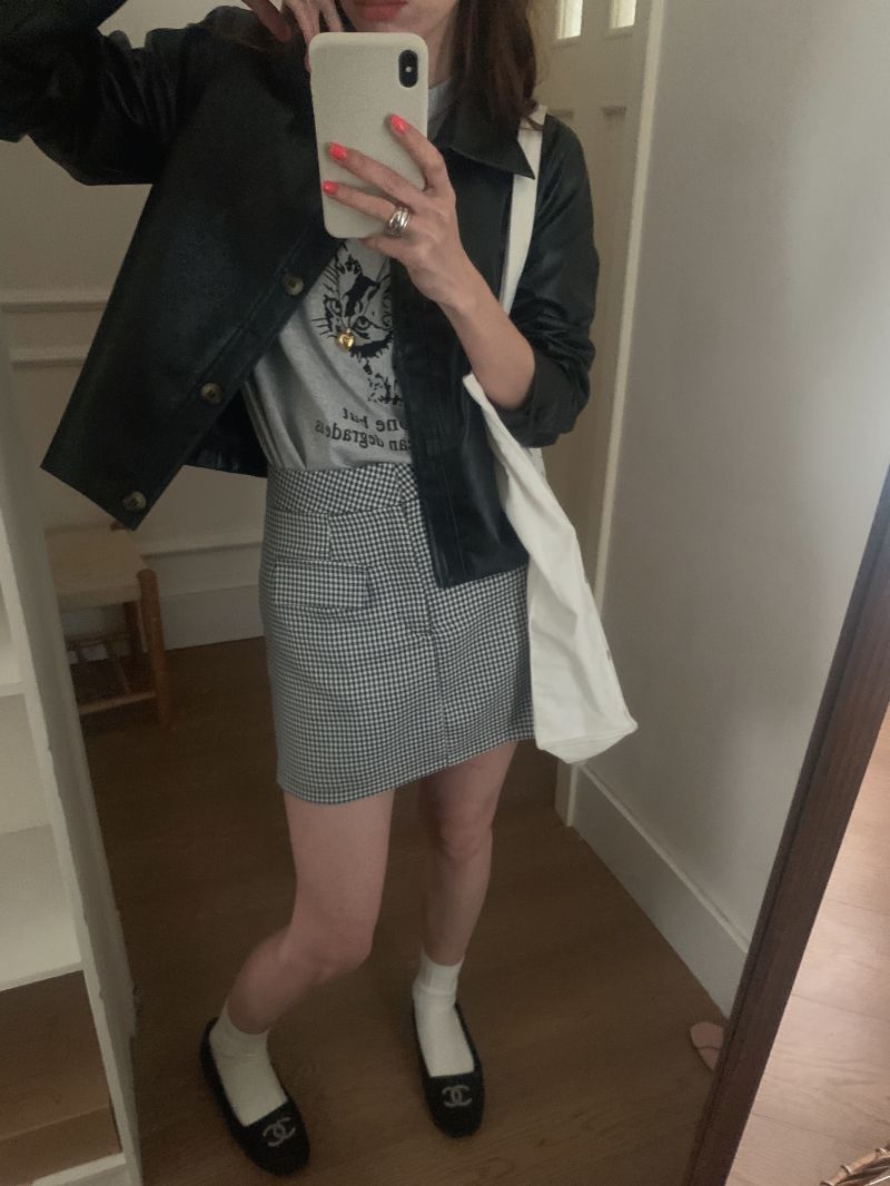 Actual shot of three standard textured leather jacket + plaid skirt two-piece set