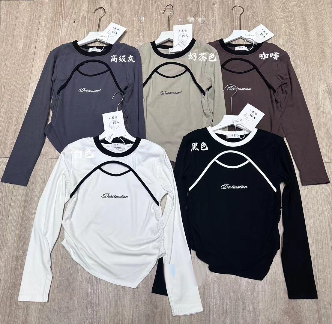 European V-neck, right-shoulder, long-sleeved T-shirt for women, spring and autumn loose, versatile bottoming shirt with chic, western-style slimming top