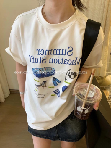 Official picture Korean high-end printed white short-sleeved T-shirt for women summer loose t-shirt pure cotton top niche women