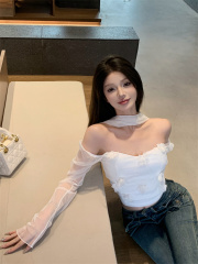 Real shot of three-dimensional flower top for women with removable mesh sleeves tube top