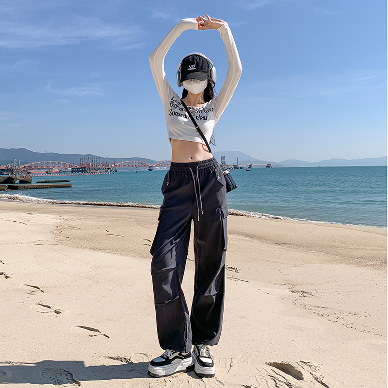 實拍~美式工裝褲女春秋夏季2024新款高腰直筒寬鬆純棉垂感闊腿ins