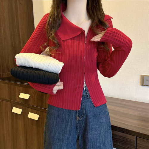 Actual shot~New double-ended zipper slimming pit design cardigan knitted top