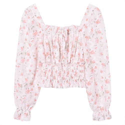 Official picture French sweet and gentle style floral shirt women's short waist square collar long-sleeved top spring and autumn chiffon shirt