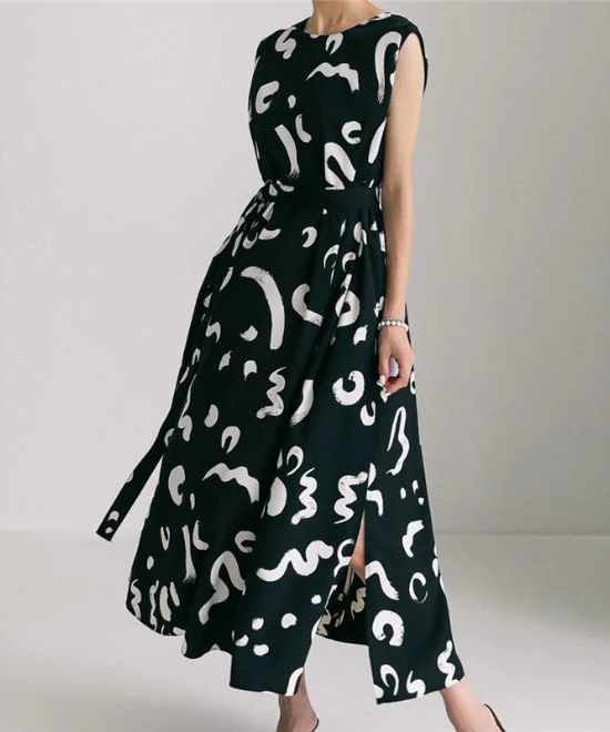 2024 loose large size chiffon dress long knee-length irregular sleeveless temperament printed skirt