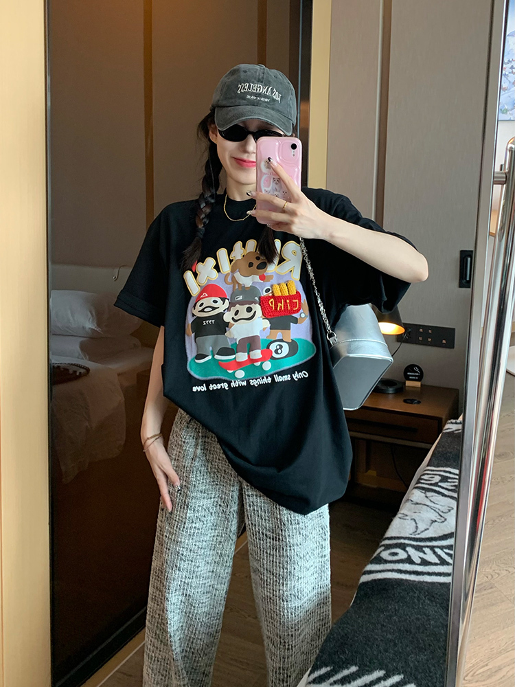 官圖 重磅/精梳純棉 後包領 有縫邊 S-XXXL 夏裝短袖T恤女