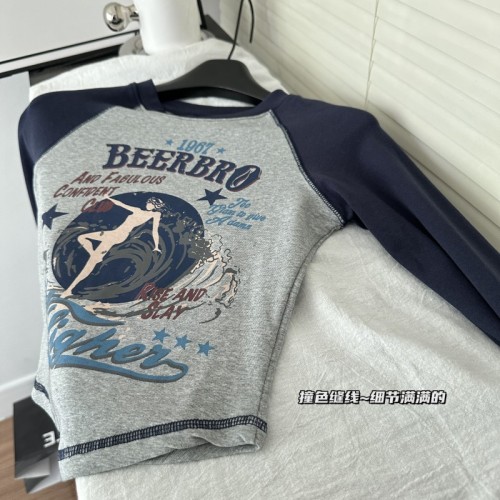 BeerBro American hot girl raglan long-sleeved T-shirt 2024 spring new style slim and versatile T-shirt 5 colors