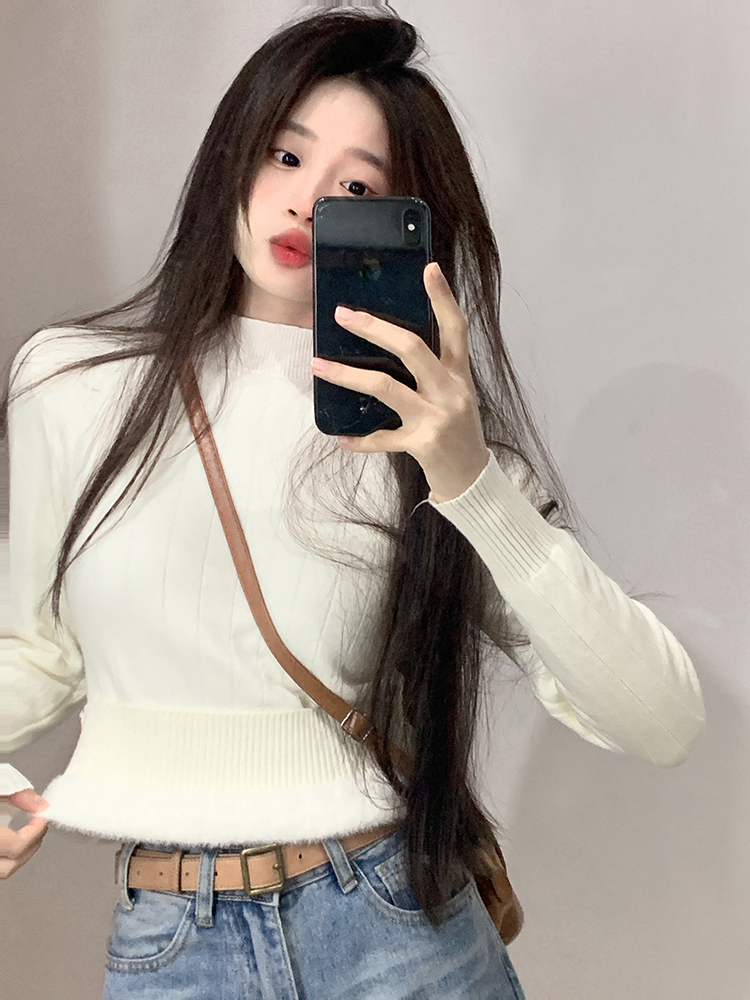 實拍～加絨加厚仿水貂毛打底衫毛衣女針織衫上衣冬季