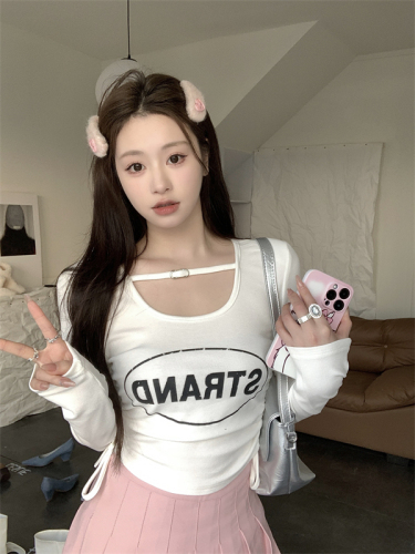 Real-shot letter printed long-sleeved U-neck T-shirt spring and summer new hot girl drawstring pleated slim short bottoming shirt